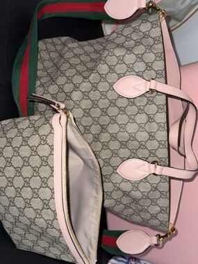 Designer-Inspired Pink Trim Tote Bag with Matching Pouch